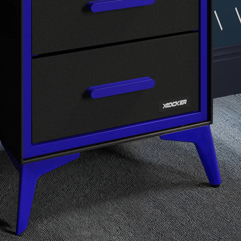 Black and blue dresser with 'X rocker' branding on a gray carpet.