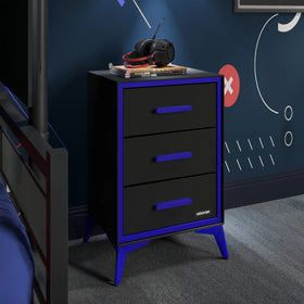 Black and blue drawer unit with gaming accessories against a dark blue wall.
