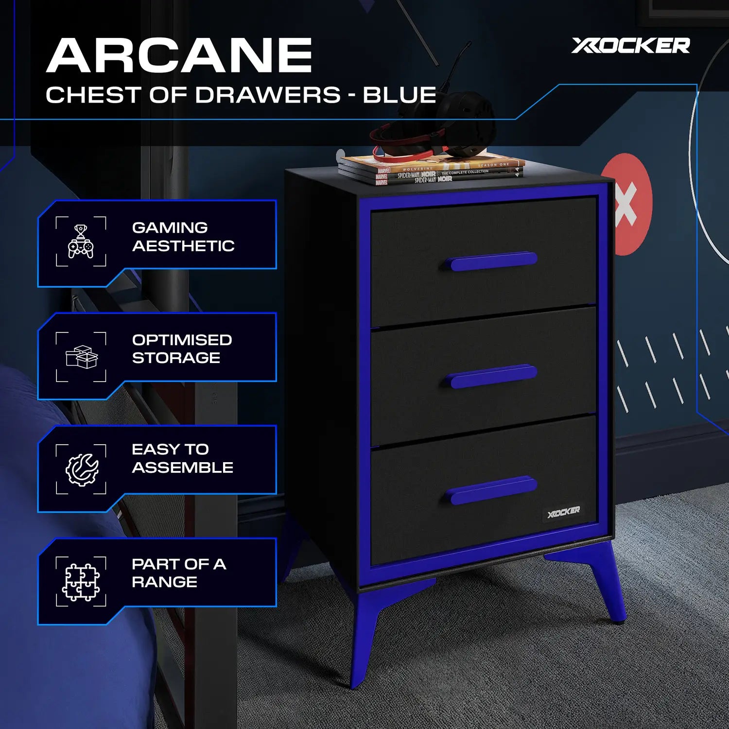 Arcane Blue and black chest of drawers with gaming aesthetic features on a dark background