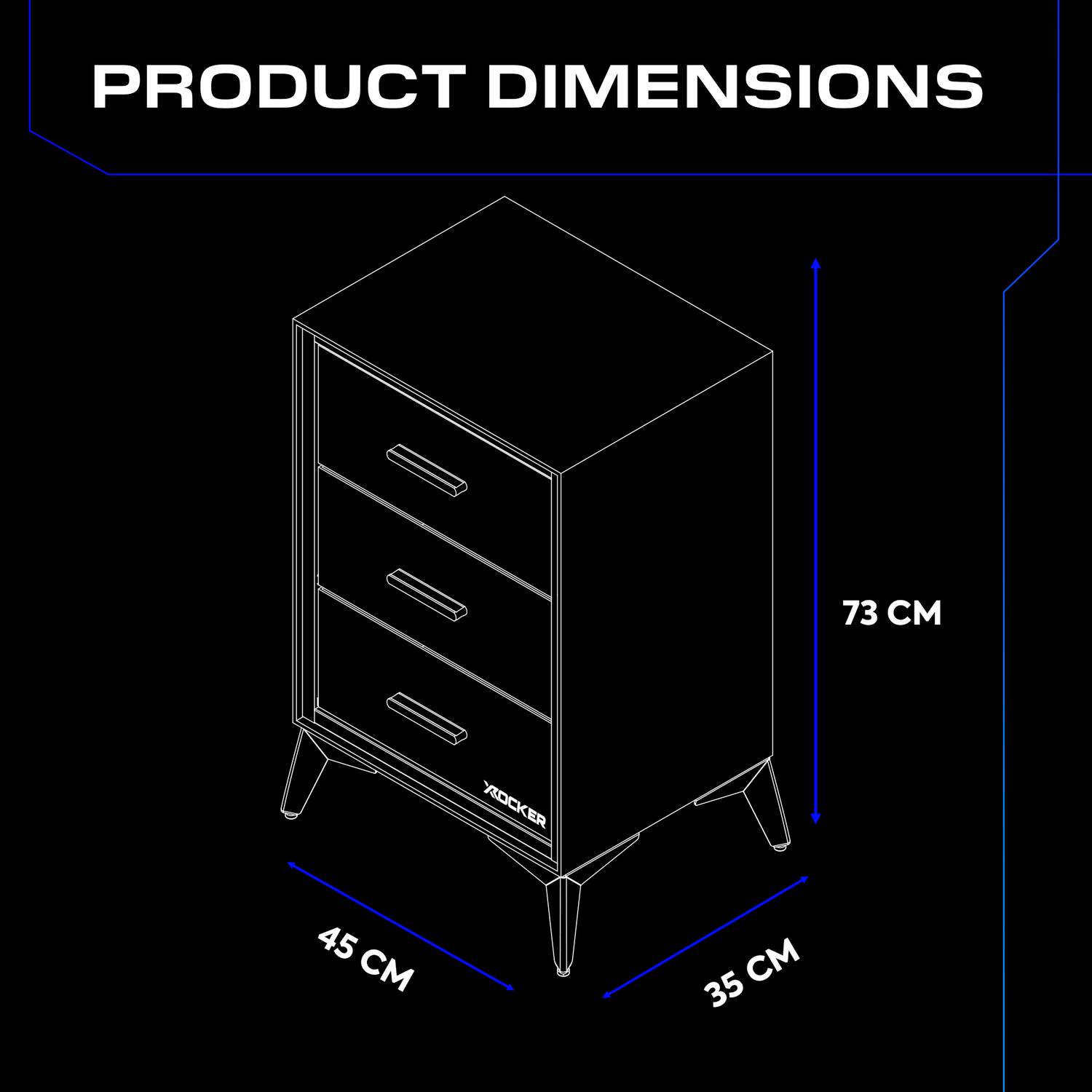 Outline of a black bedside cabinet with dimensions labeled on a black background