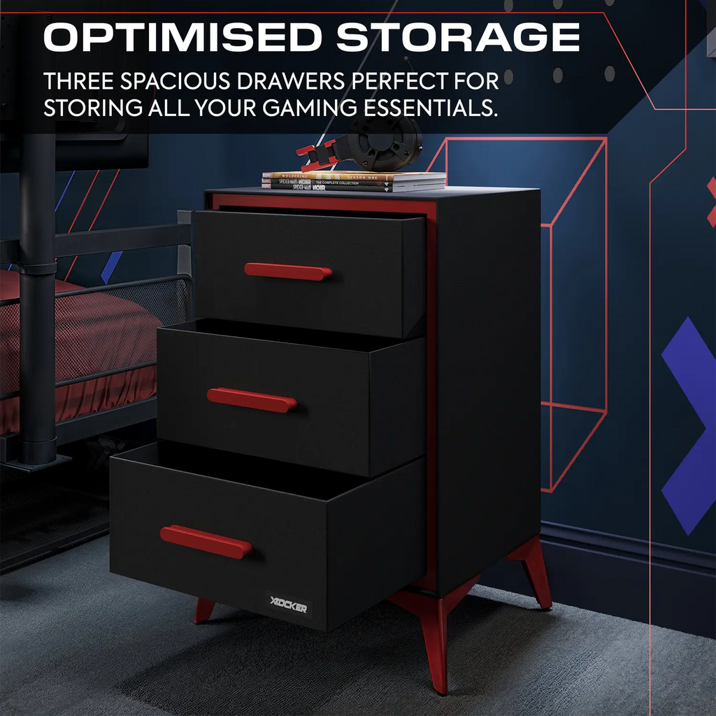 Black and red dresser with three drawers in a gaming room setting, emphasizing optimized storage.