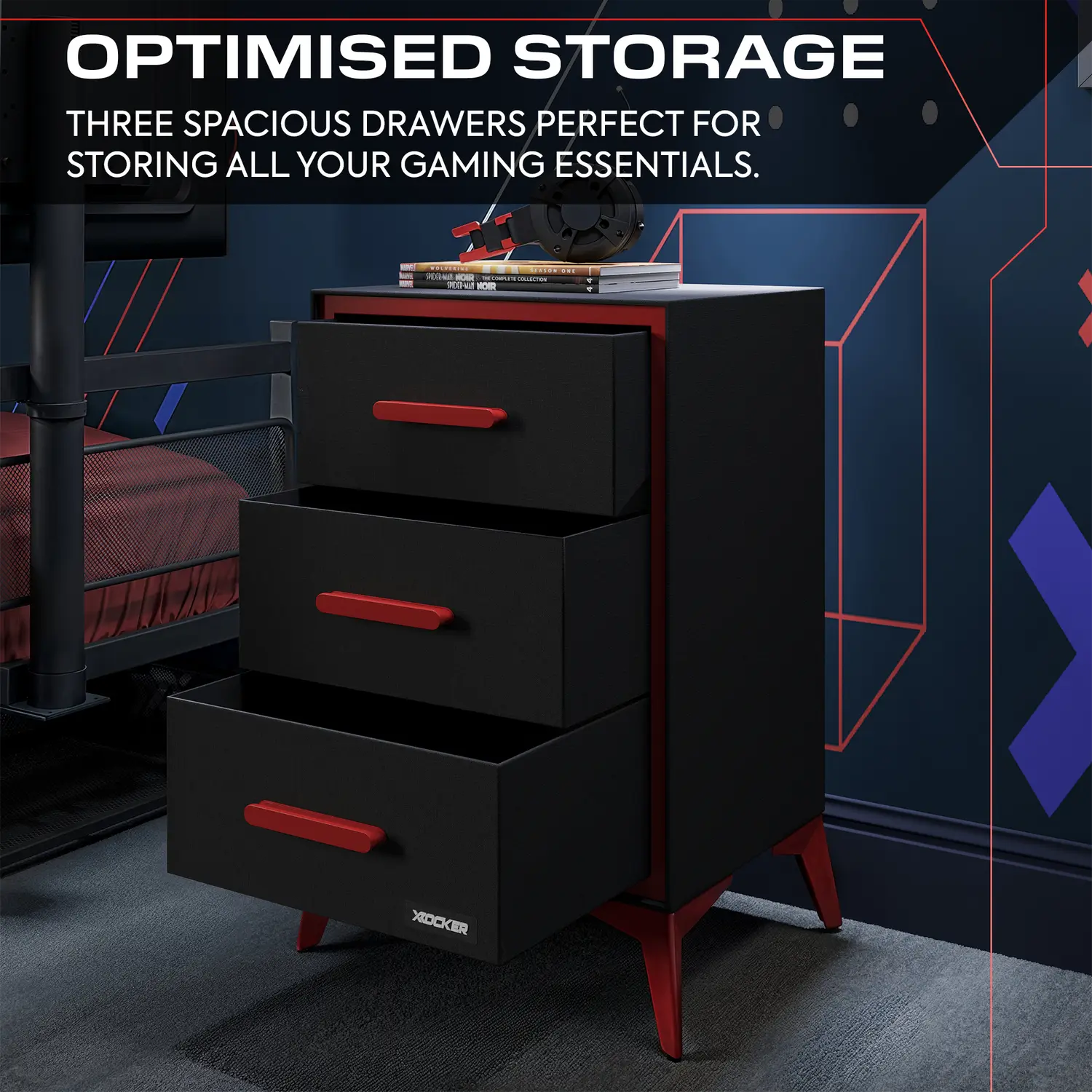 Black and red dresser with three drawers in a gaming room setting, emphasizing optimized storage.