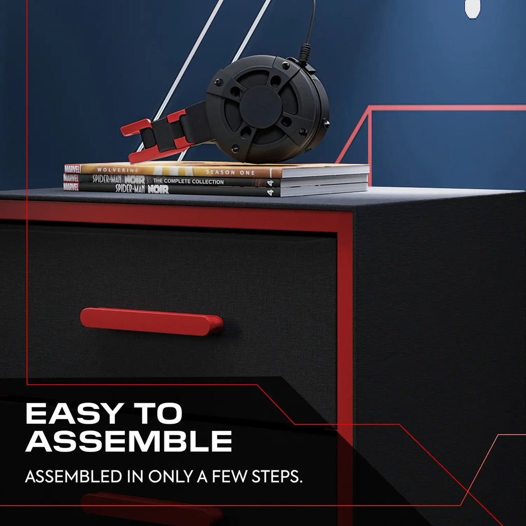 Black desk with red accents and books on a blue background, with text 'Easy to Assemble'.