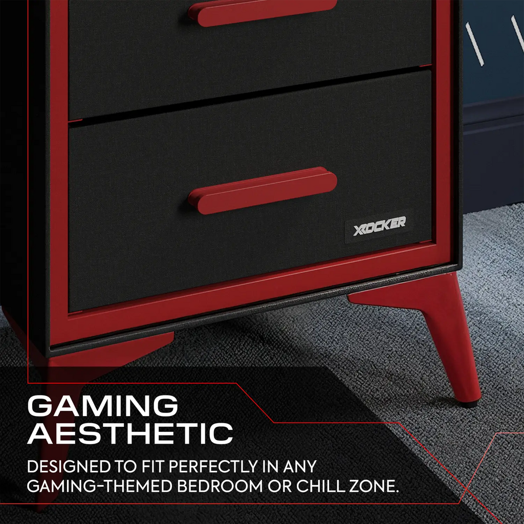 Black and red gaming-themed dresser with X rocker branding on a dark background.