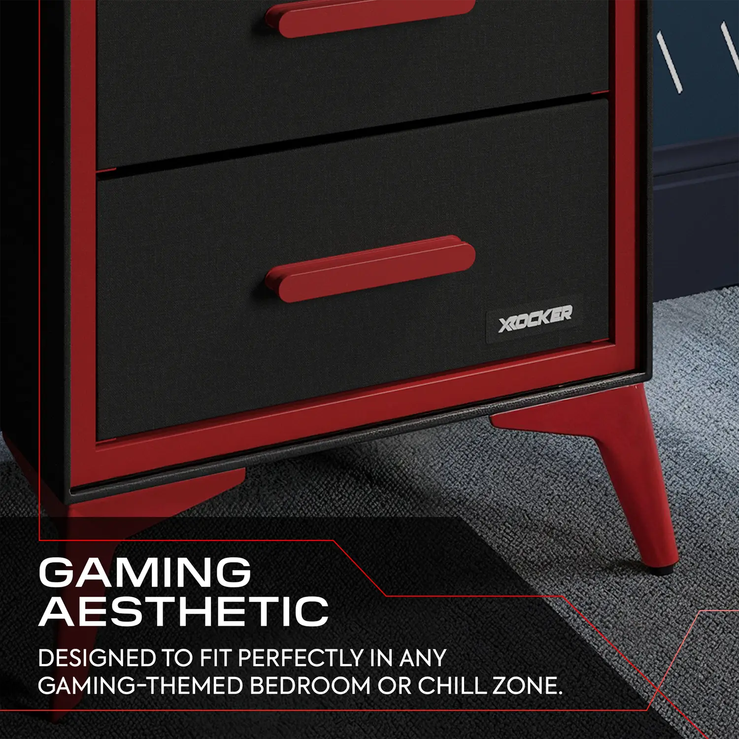 Black and red gaming-themed dresser with X rocker branding on a dark background.