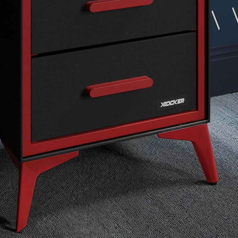 Black and red dresser with 'X rocker' branding on a gray carpet.