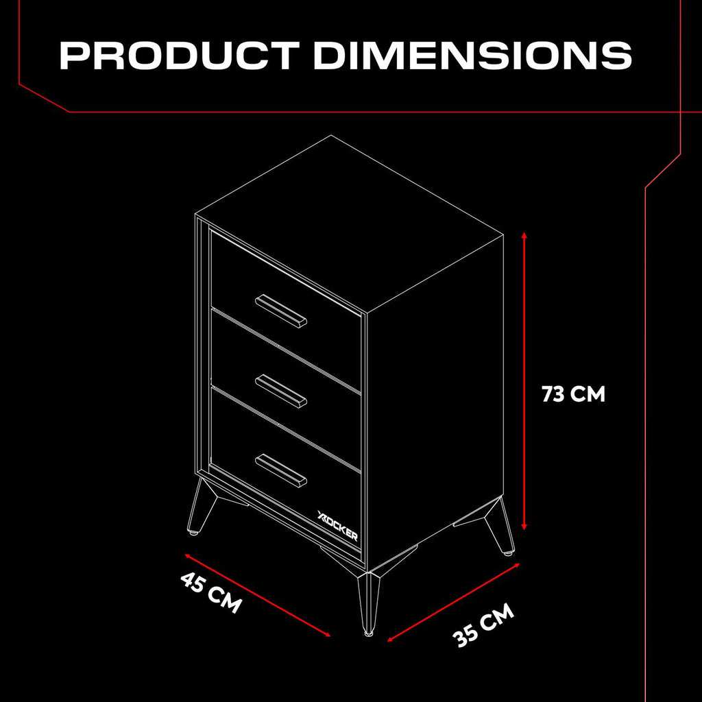 Outline of the Arcane three-drawer Chest with dimensions on a black background, showcasing a 73cm height, 45cm width and 35cm depth