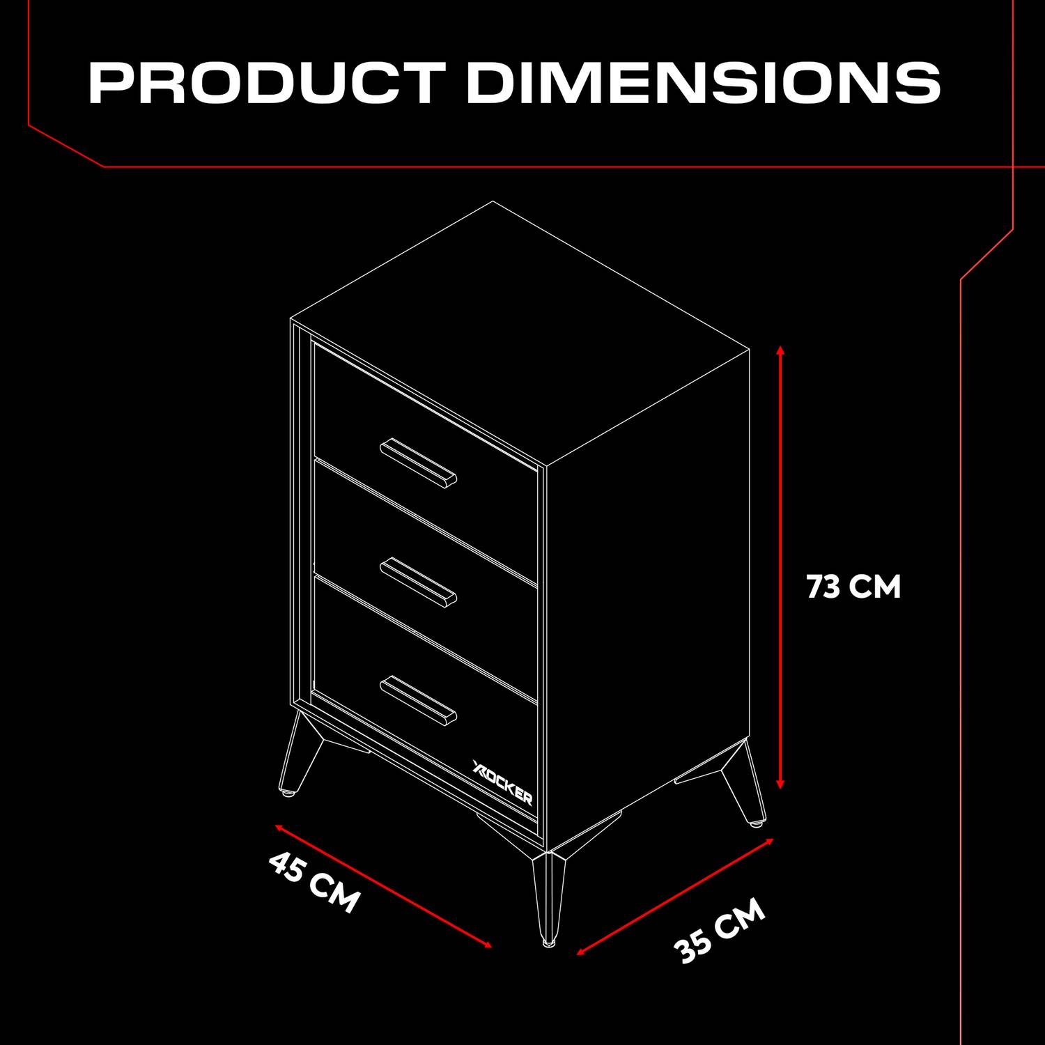 Outline of the Arcane three-drawer Chest with dimensions on a black background, showcasing a 73cm height, 45cm width and 35cm depth