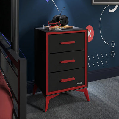Black and red Arcane three-drawer Chest with gaming accessories against a blue wall.