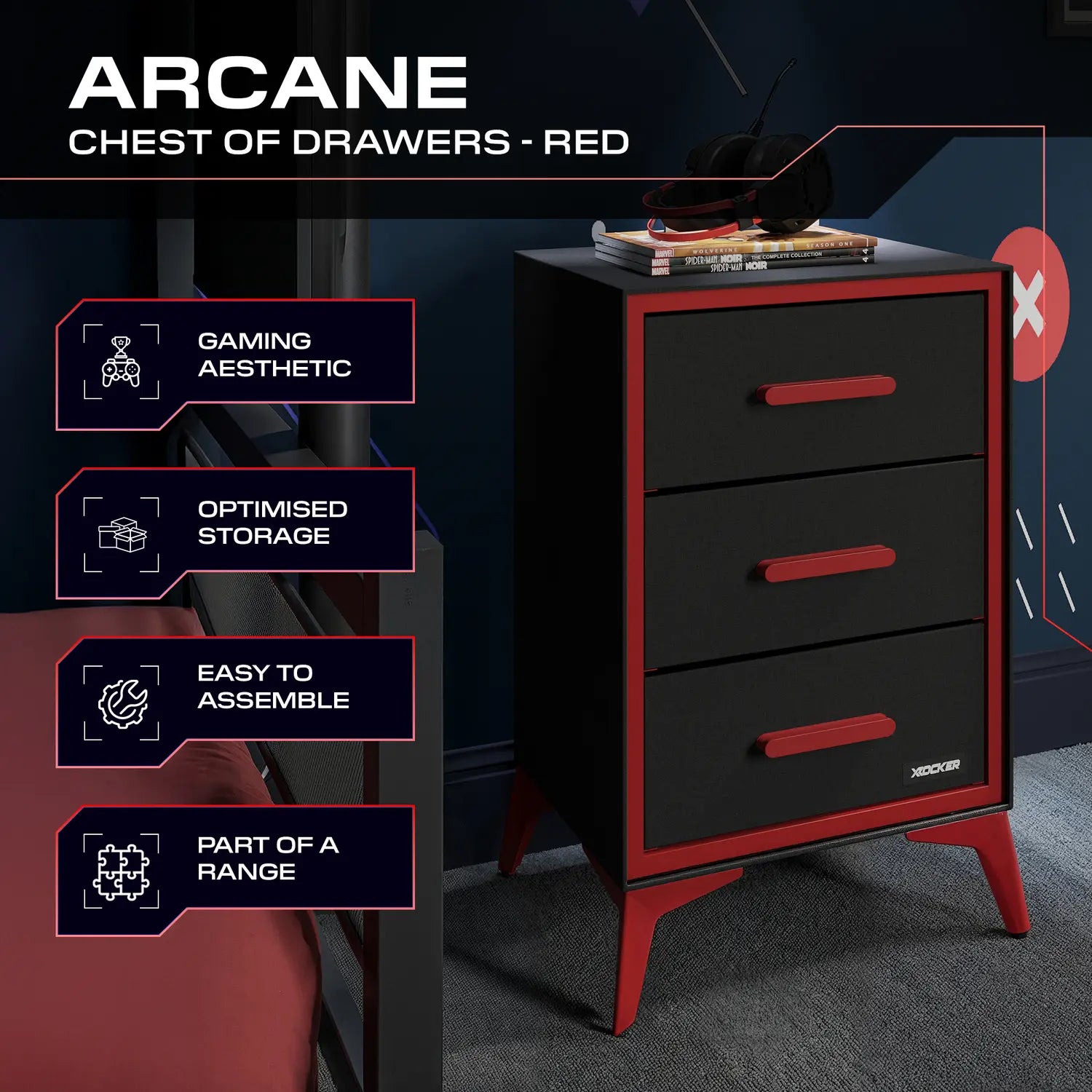 Black and red chest of drawers with gaming aesthetic features on a dark background