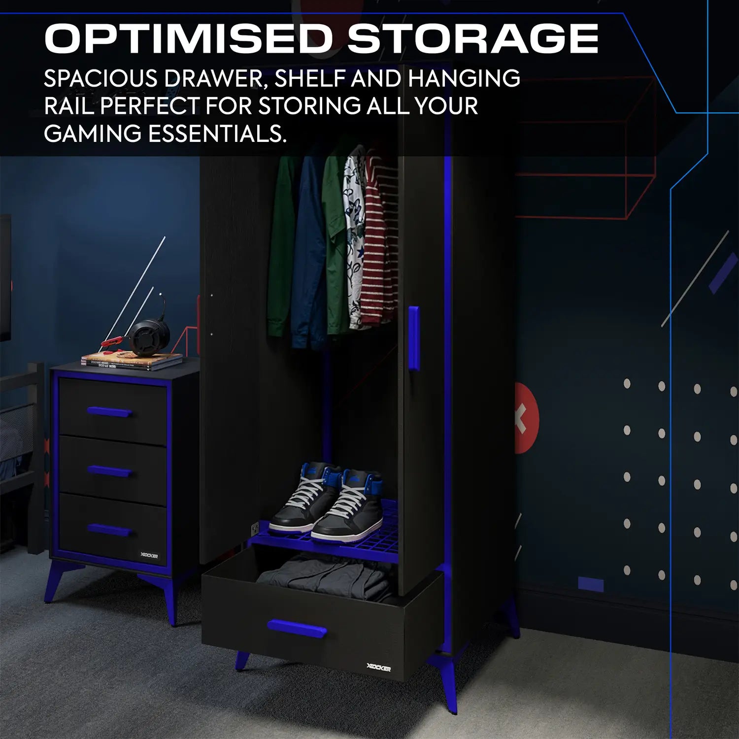 Black and blue canvas wardrobe with blue accents featuring a drawer, shelf, and hanging rail in a room setting.