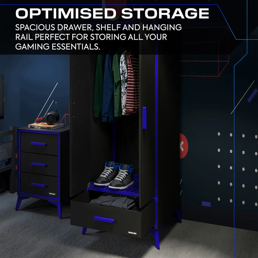 Black and blue canvas wardrobe with blue accents featuring a drawer, shelf, and hanging rail in a room setting.