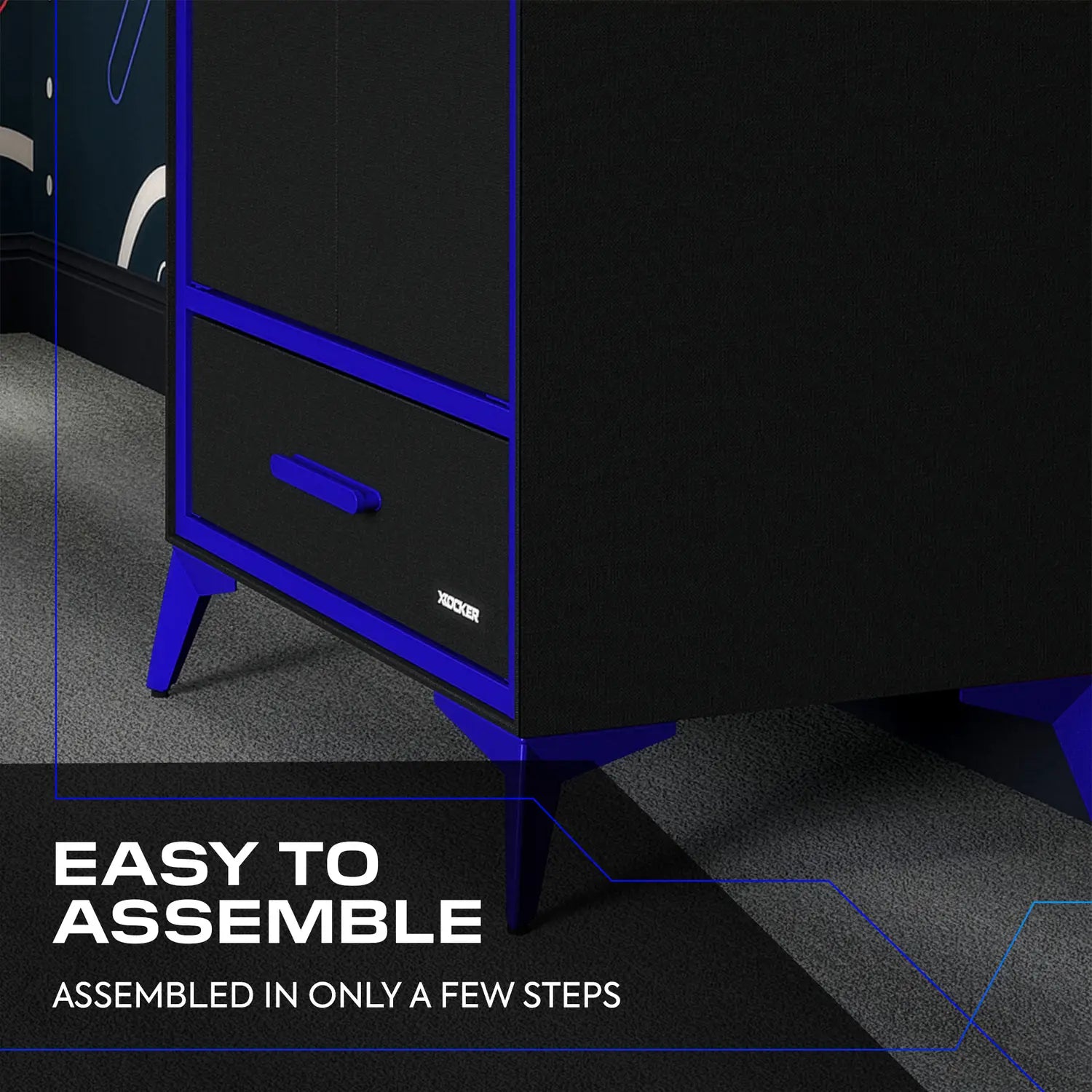 Black cabinet with blue accents on a dark background, featuring assembly text.