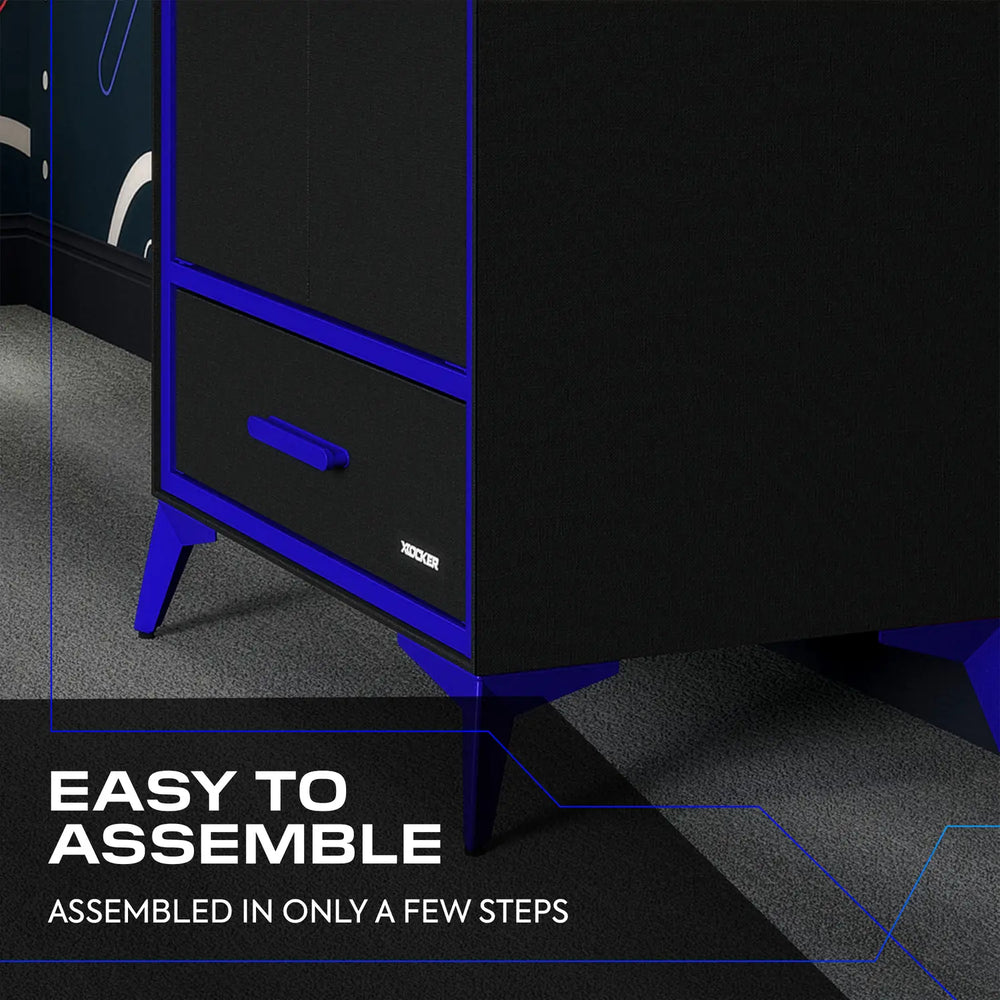Black cabinet with blue accents on a dark background, featuring assembly text.