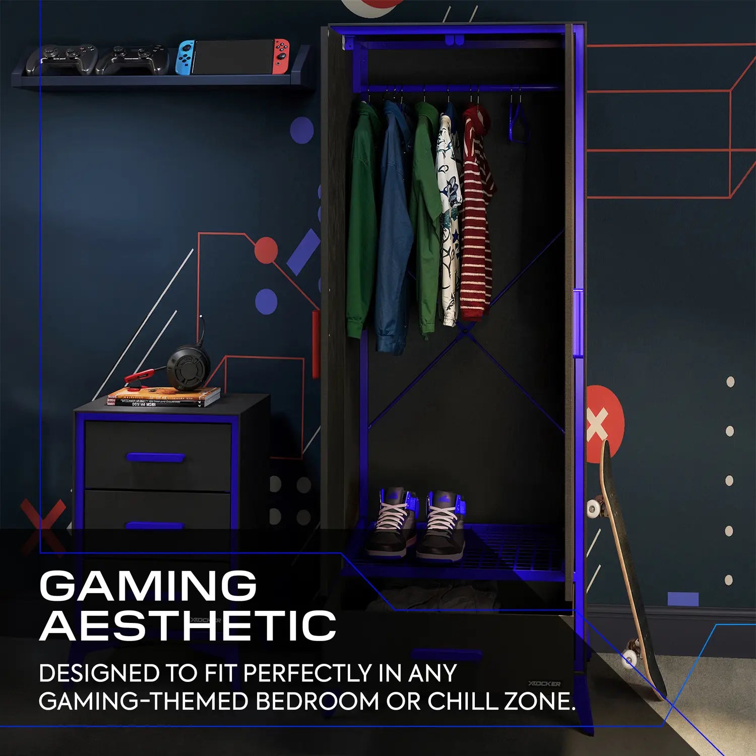 Gaming-themed bedroom with a wardrobe, gaming console, and skateboard.