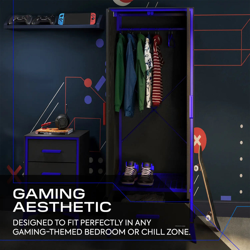 Gaming-themed bedroom with a wardrobe, gaming console, and skateboard.