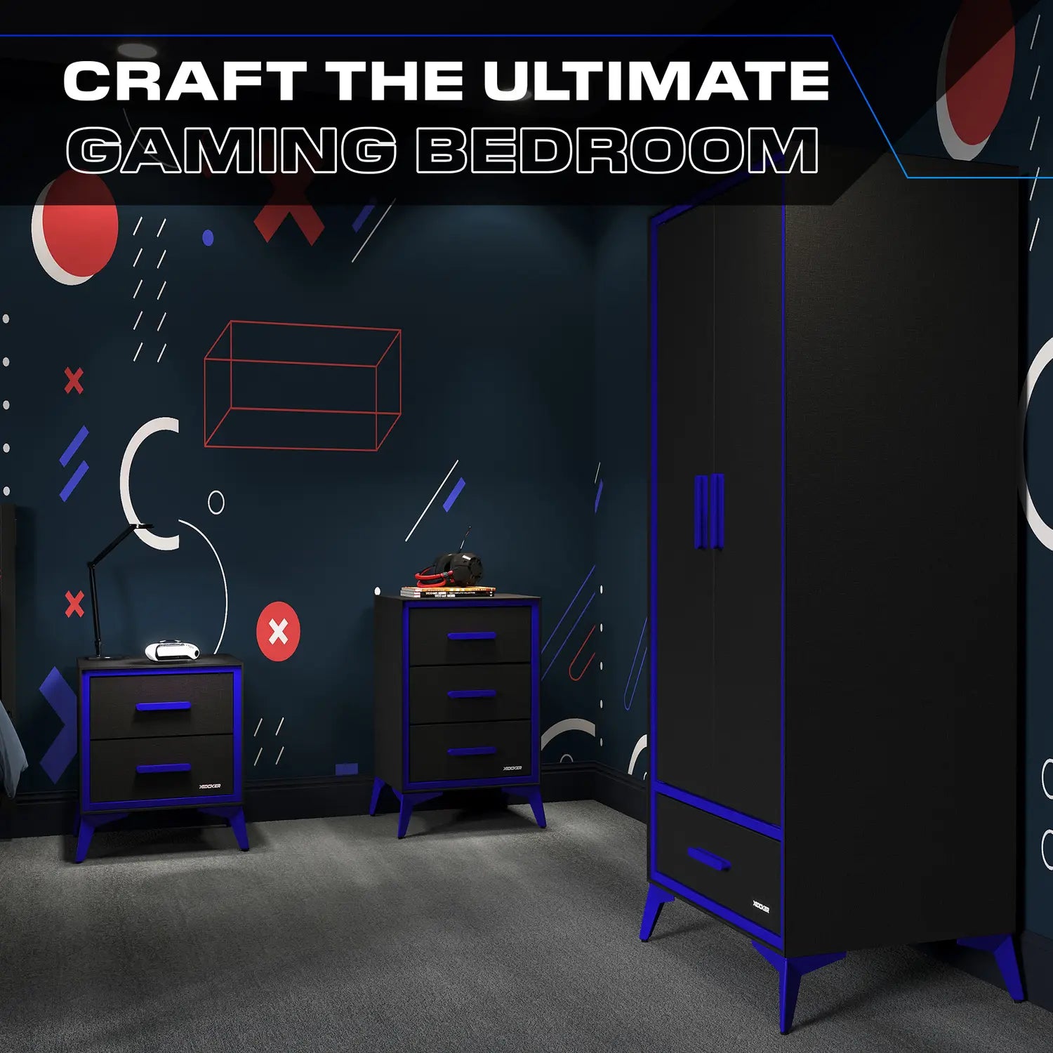 Gaming bedroom setup with furniture and decor on a dark wall with geometric patterns.