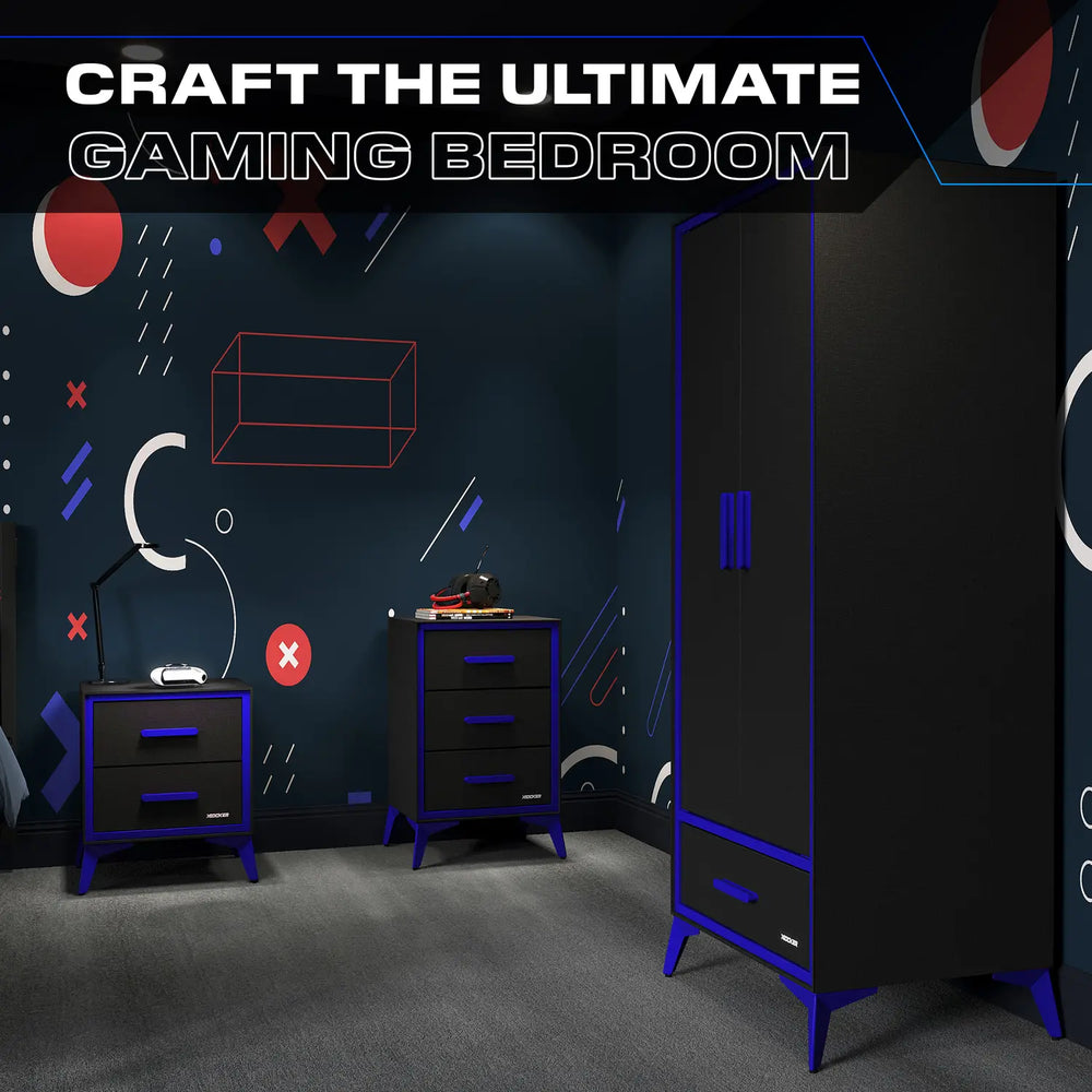 Gaming bedroom setup with furniture and decor on a dark wall with geometric patterns.