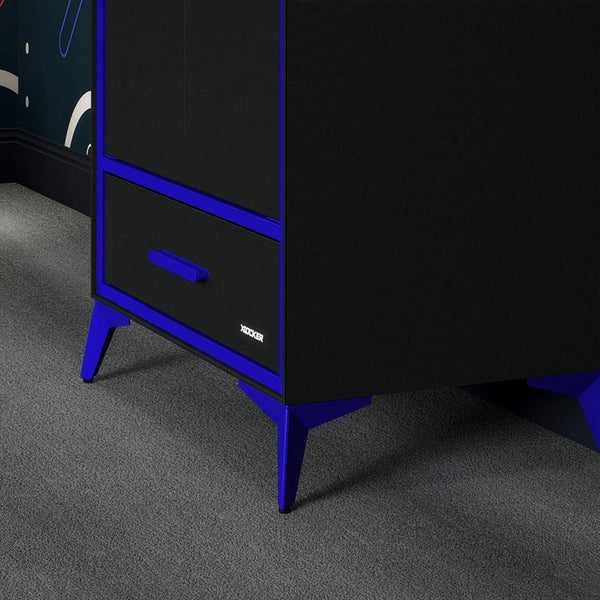 Arcane Black canvas wardrobe with blue accents on a gray floor