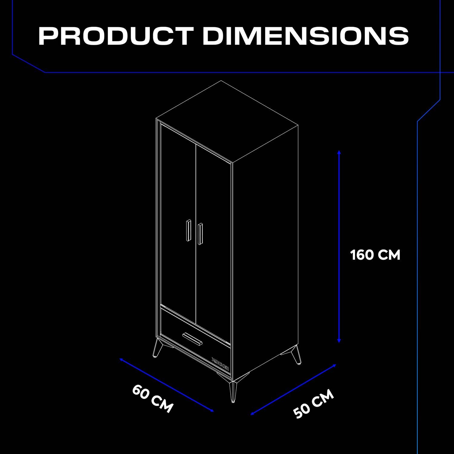 Diagram of the Arcane Canvas Wardrobe with dimensions labeled on a black background