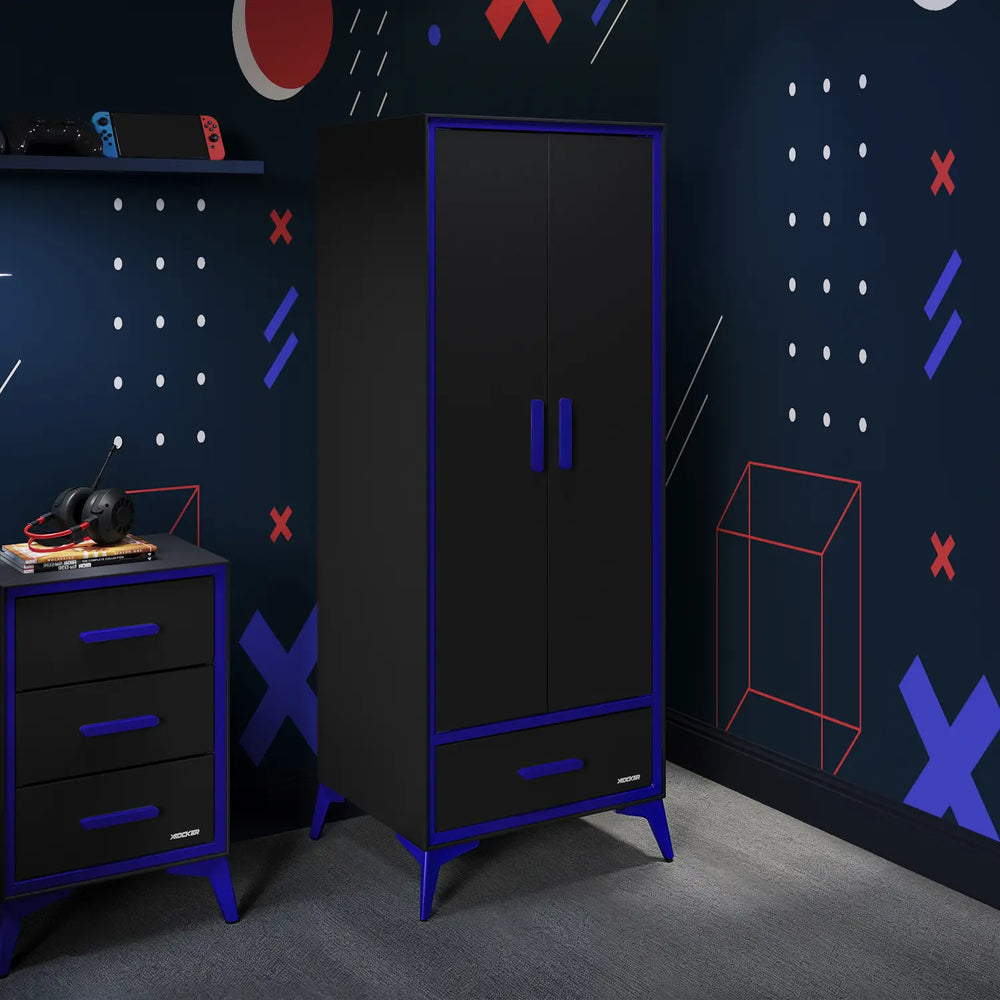 Arcane Black Canvas Wardrobe with blue accents in a room with geometric wall designs.