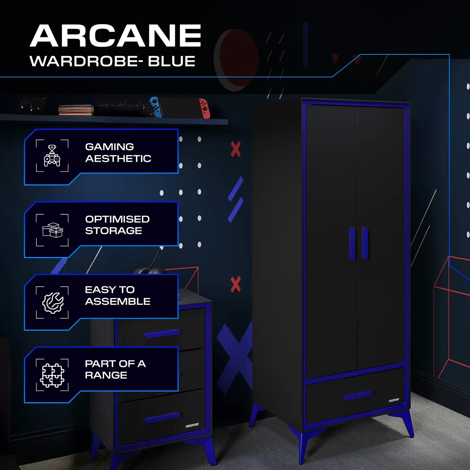 Blue wardrobe with gaming aesthetic features on a dark background, featuring the brand 'Arcane'.
