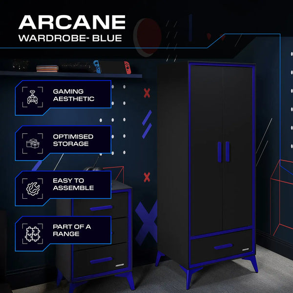 Arcane Canvas 2 Door Wardrobe with Drawer - Black / Blue