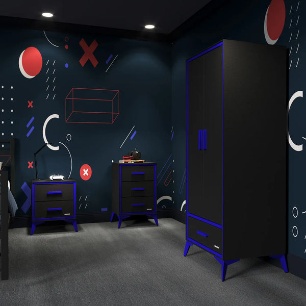 Modern bedroom with geometric wall design and dark furniture