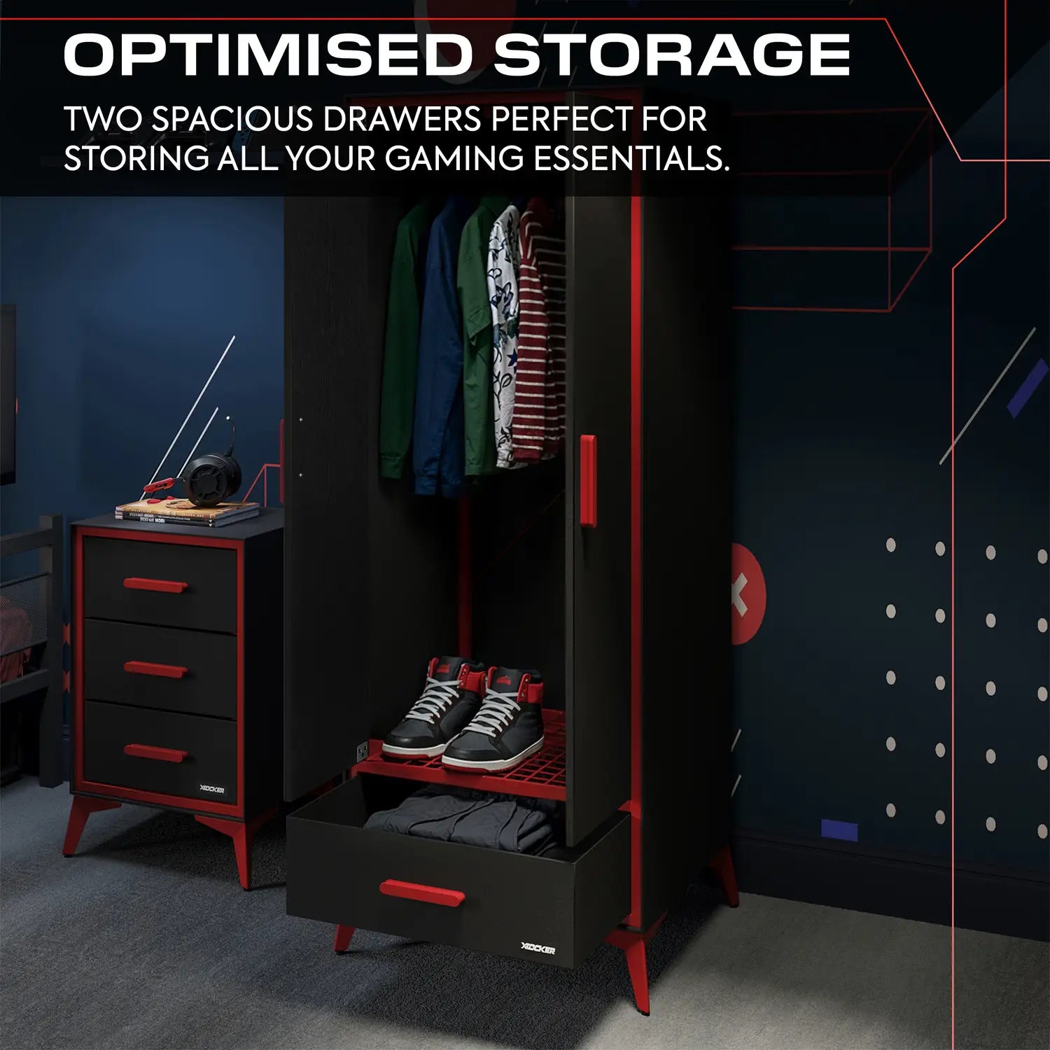Black and red wardrobe with drawers and shelves in a room setting, emphasizing storage capacity.