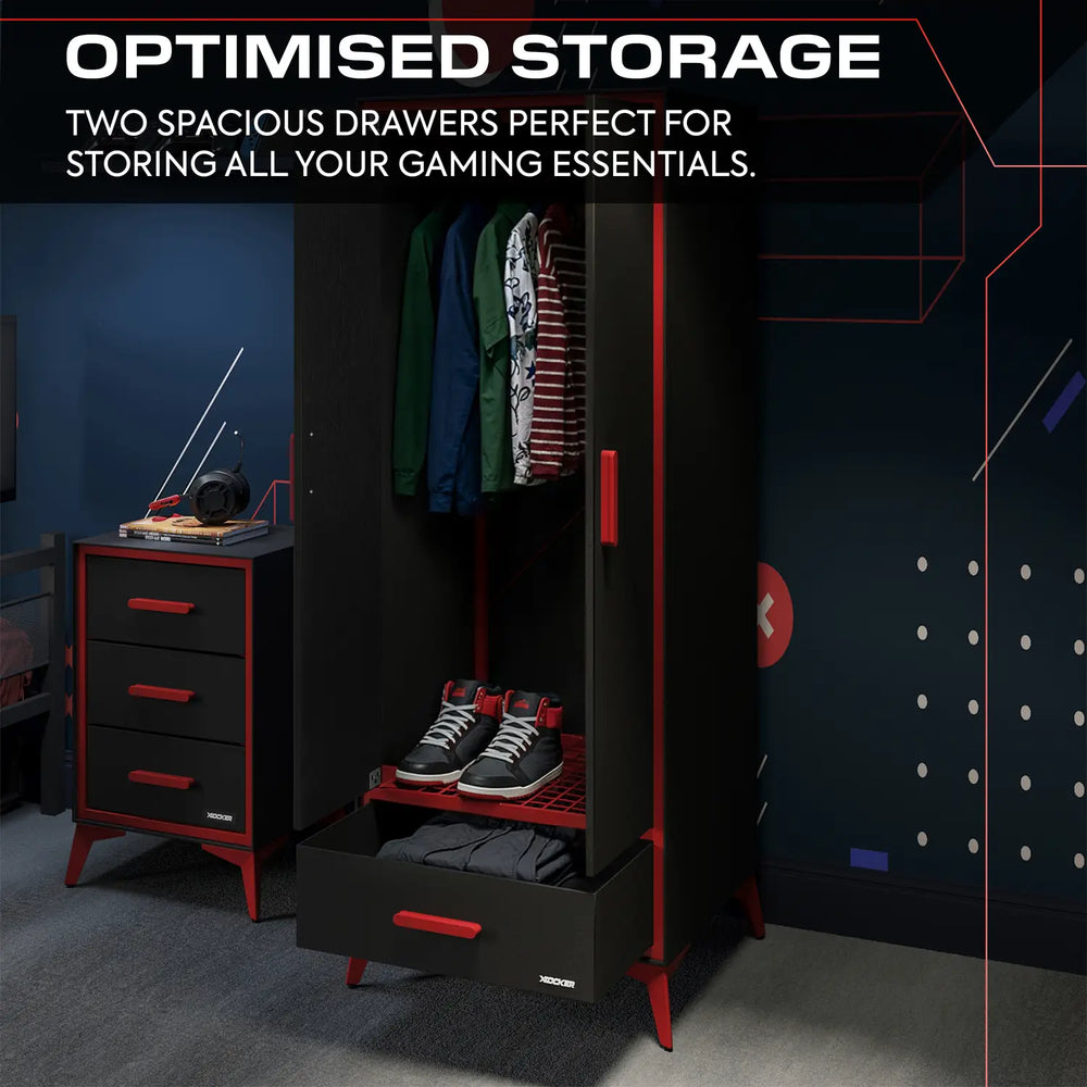 Black and red wardrobe with drawers and shelves in a room setting, emphasizing storage capacity.