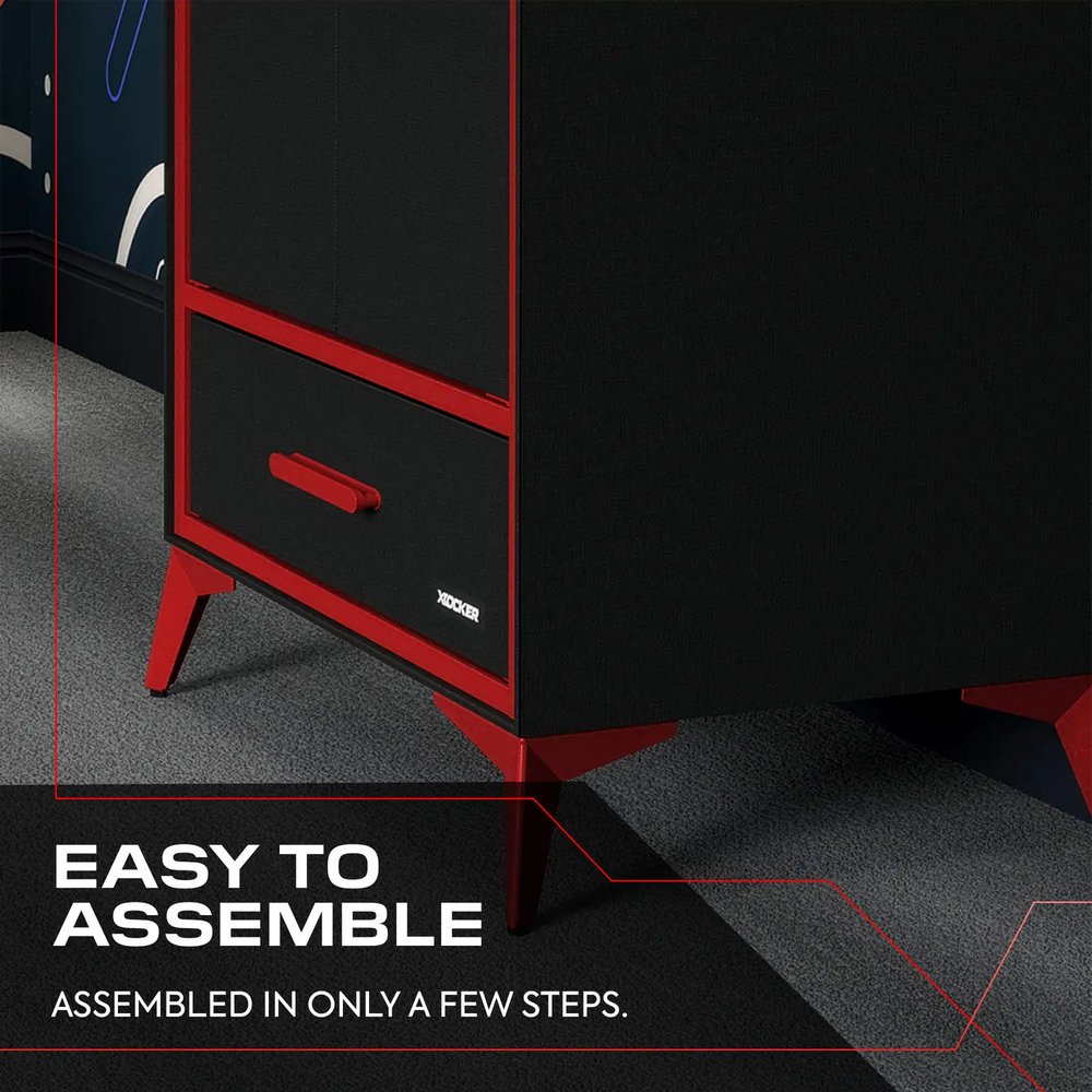 Black and red cabinet with assembly text on a dark background