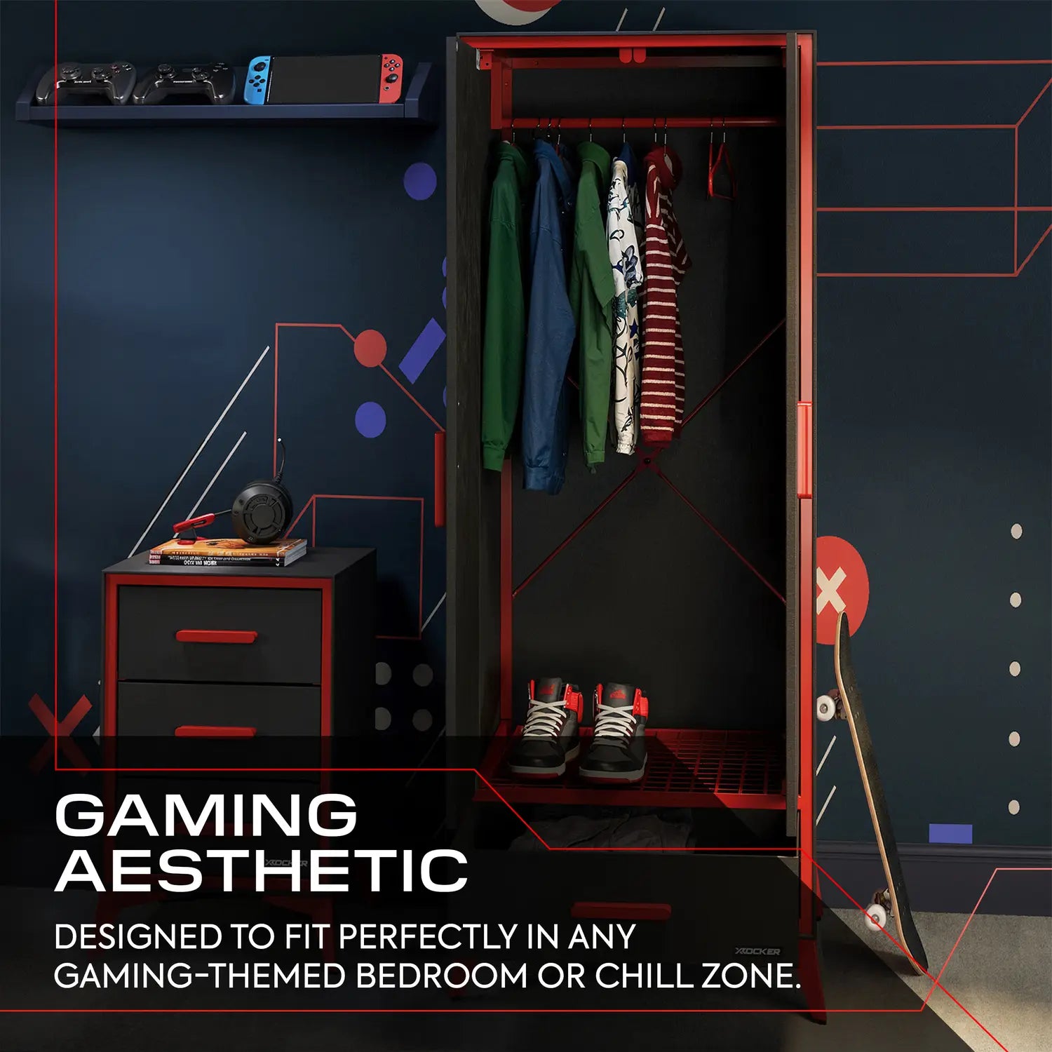 Gaming-themed bedroom with red wardrobe, desk, and shelves.
