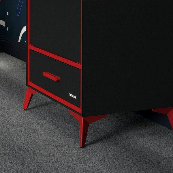 Black and red cabinet with 'X Rocker' branding on a gray floor.