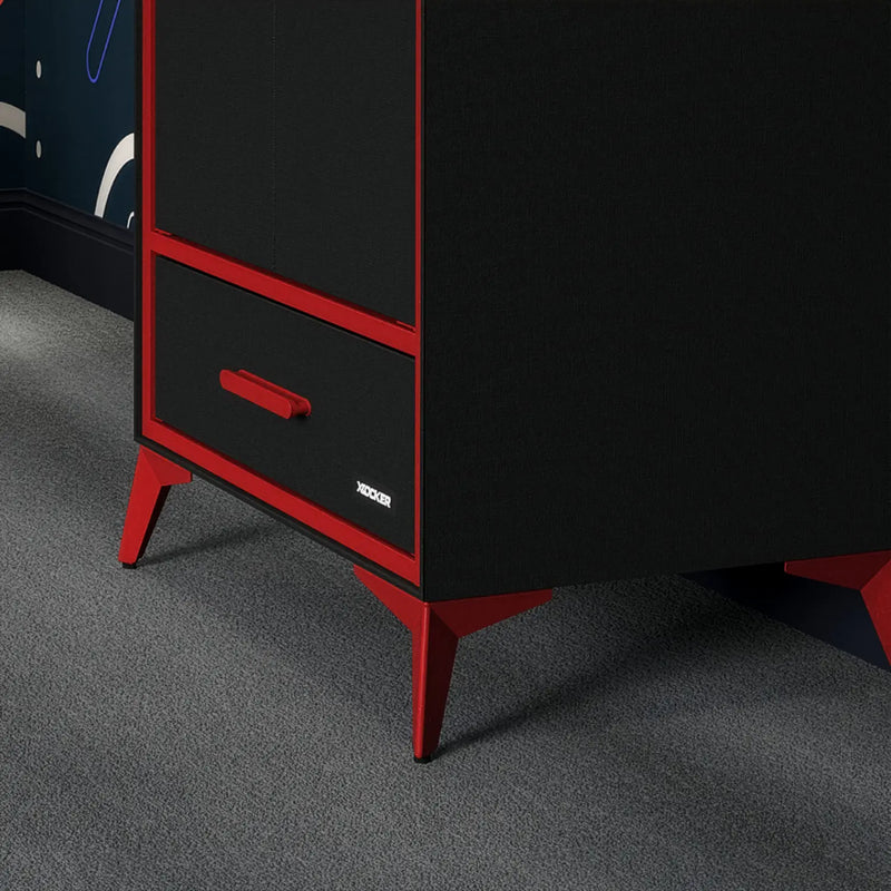 Black and red cabinet with 'X Rocker' branding on a gray floor.