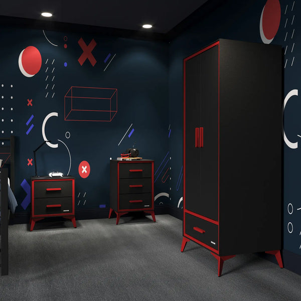 Modern bedroom with black and red furniture against a geometric wall design.