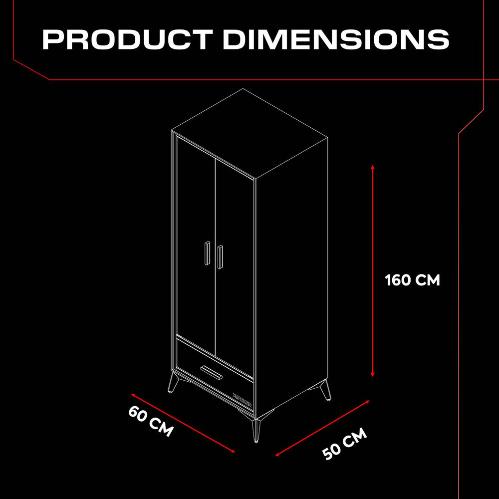 Product dimensions of the Arcane wardrobe with measurements on a black background, showcasing a 160cm height, 60cm width and 50cm depth