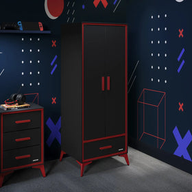 Black and red wardrobe in a room with geometric wall designs.