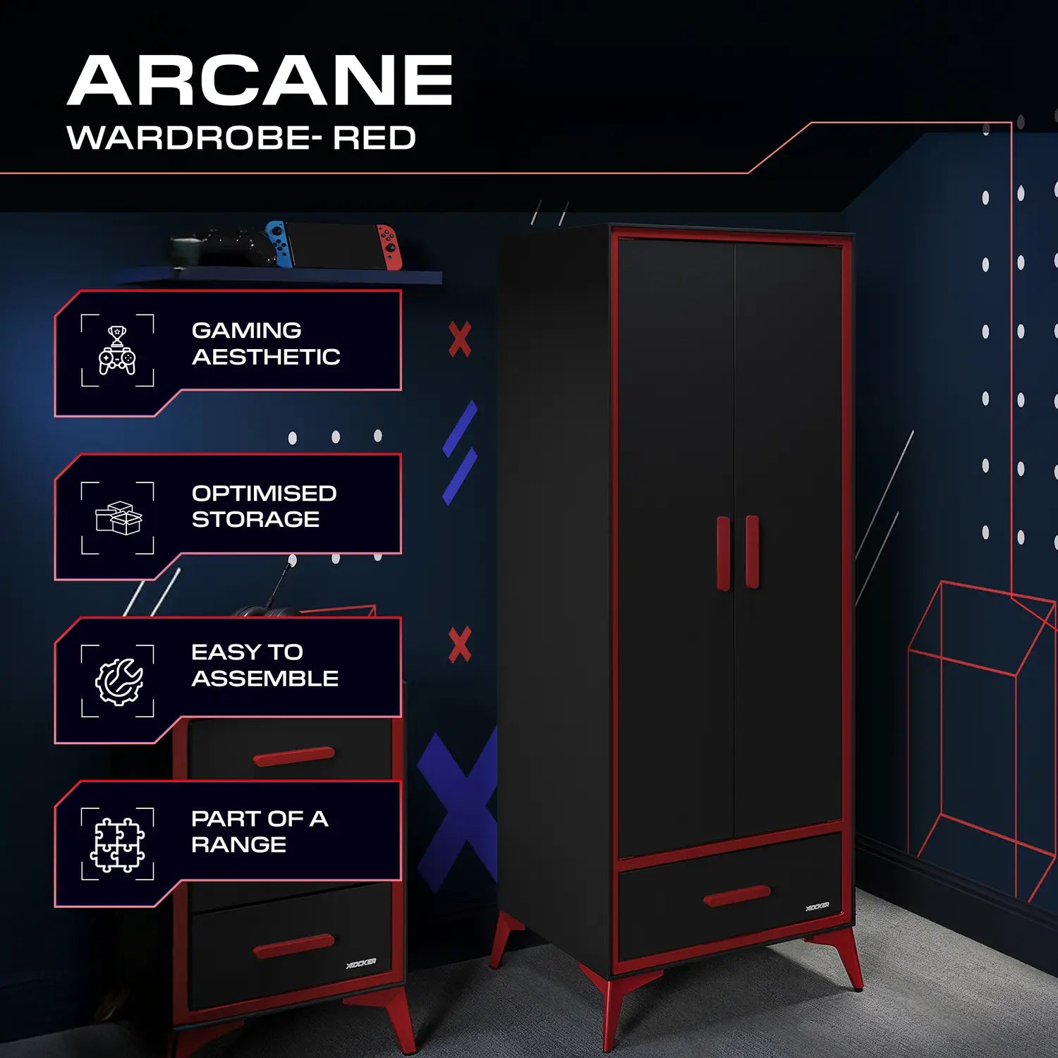 Black and red wardrobe with gaming aesthetic features on a dark background