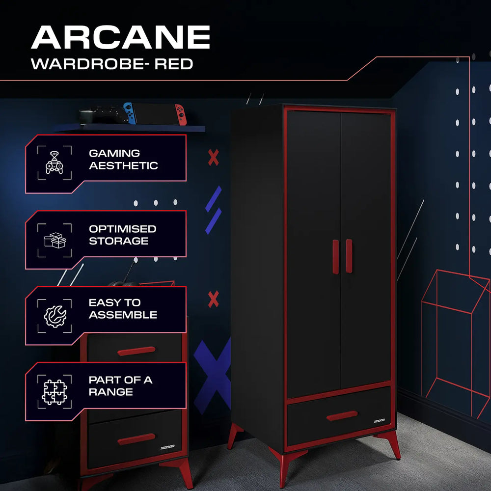 Black and red wardrobe with gaming aesthetic features on a dark background