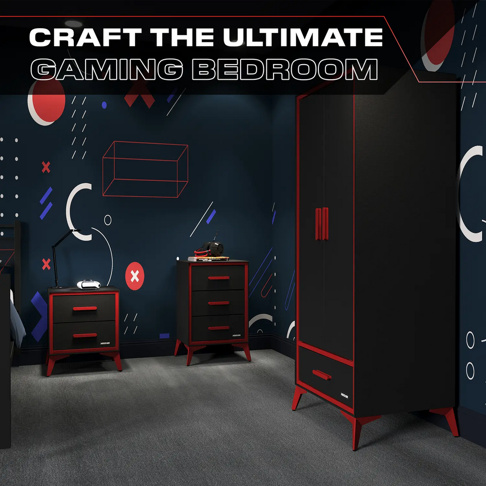 Gaming bedroom setup with black and red furniture against a dark wall with geometric designs.