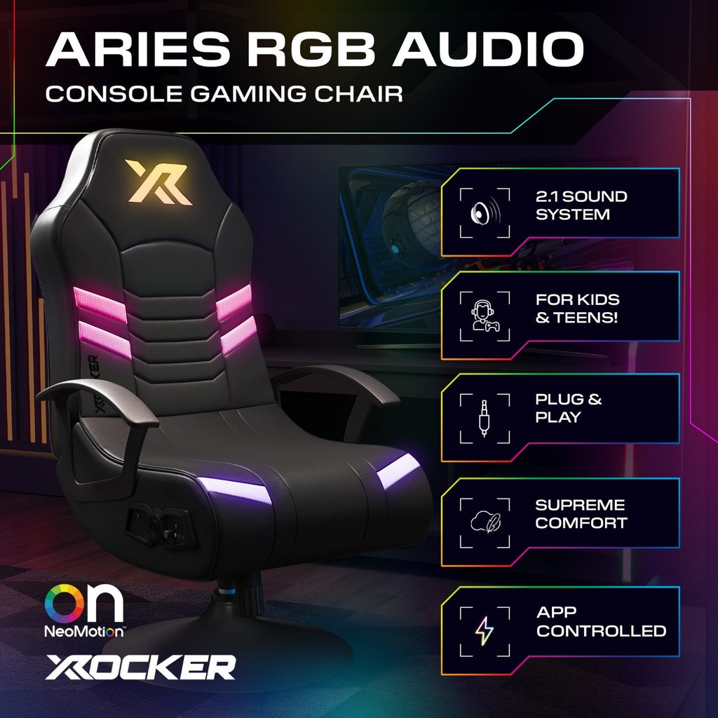 Gaming chair with RGB lighting and X rocker branding on a dark background