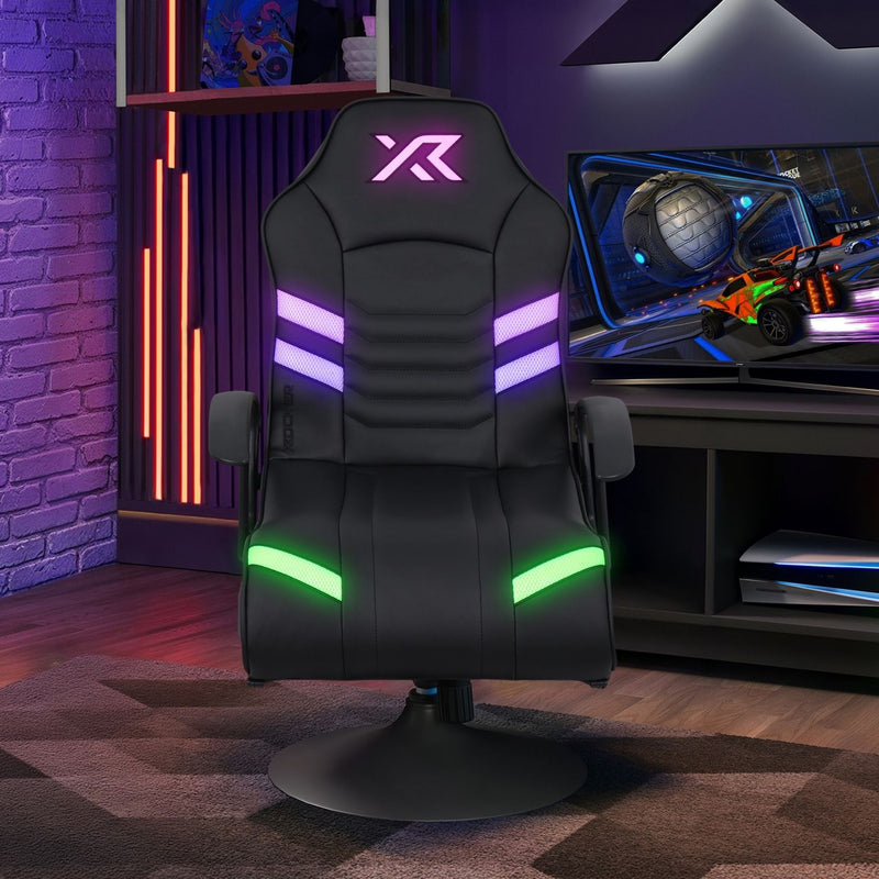 Gaming chair with RGB lighting in a room setup with a TV displaying a game.
