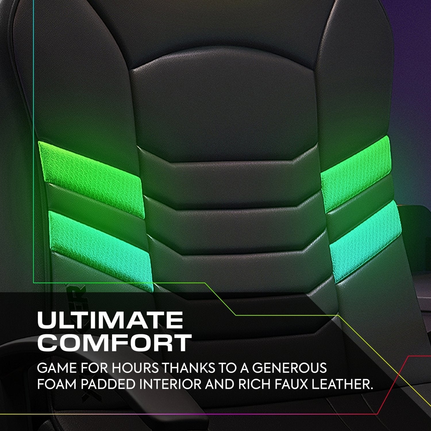 Black car seat with green accents and text highlighting comfort features.