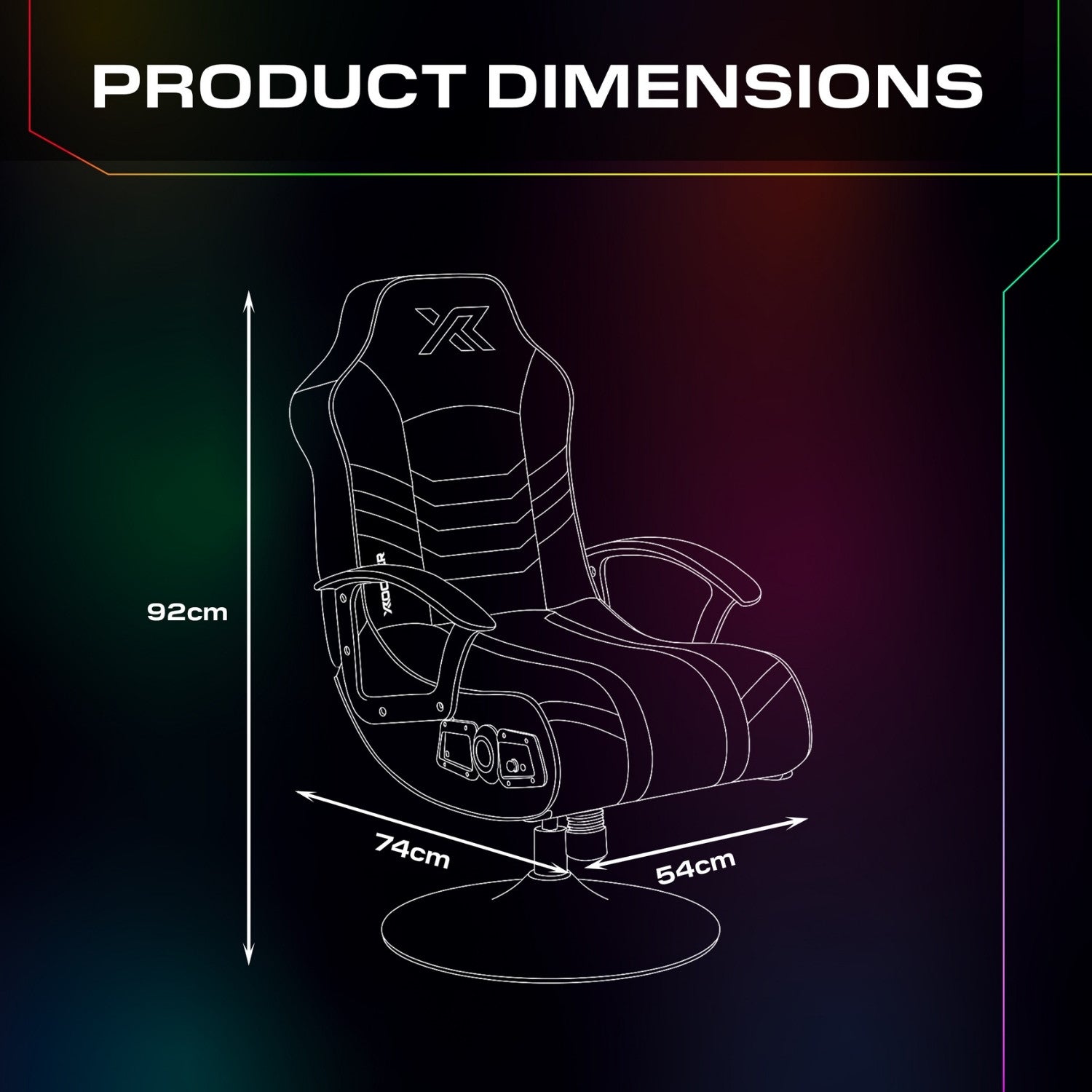 Gaming chair with dimensions on a dark background. 92x74x54cm.