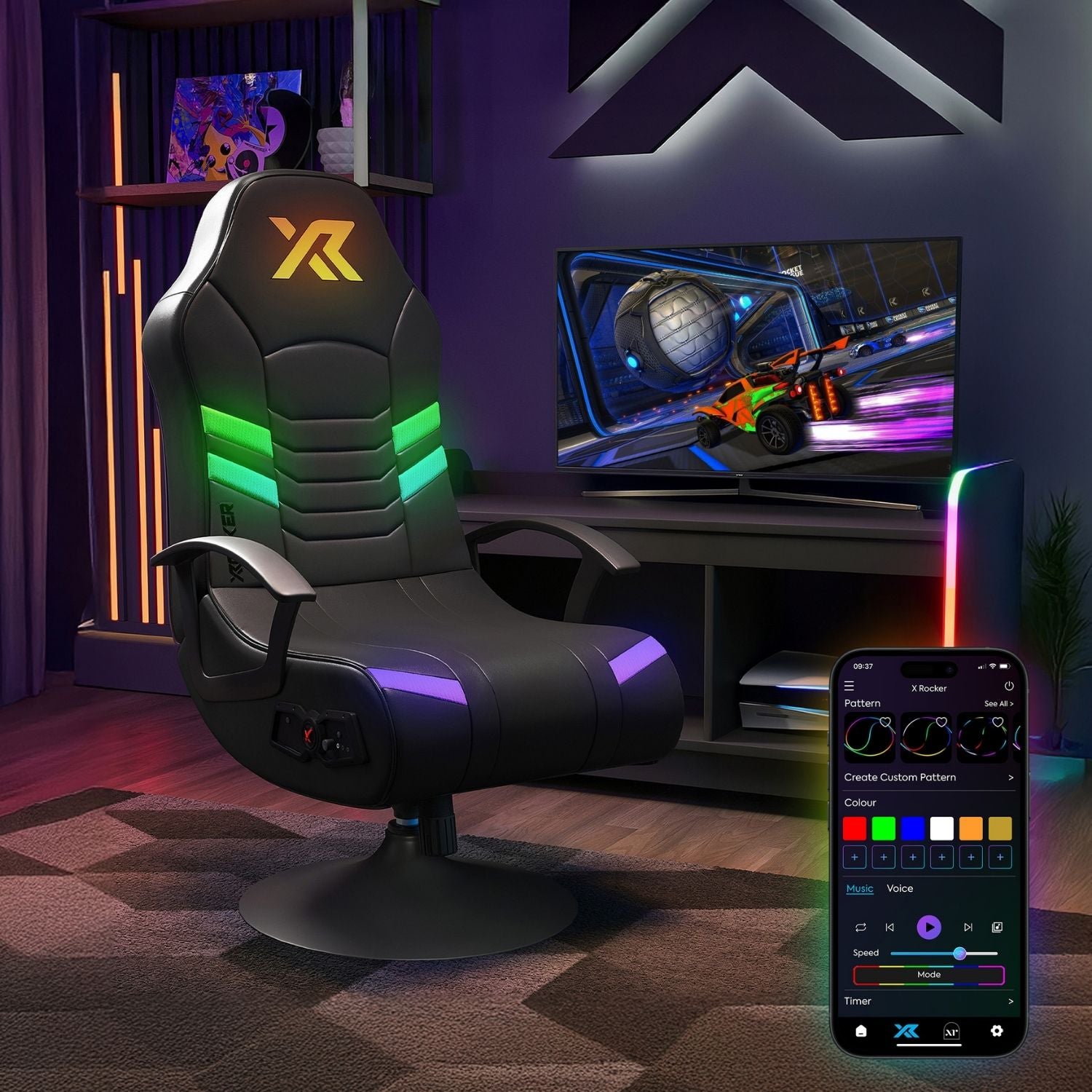 Gaming chair with RGB lighting and a TV displaying a racing game in a room setting.