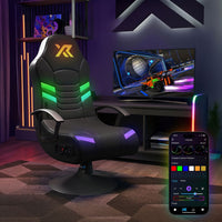Gaming chair with RGB lighting and a TV displaying a racing game in a room setting.