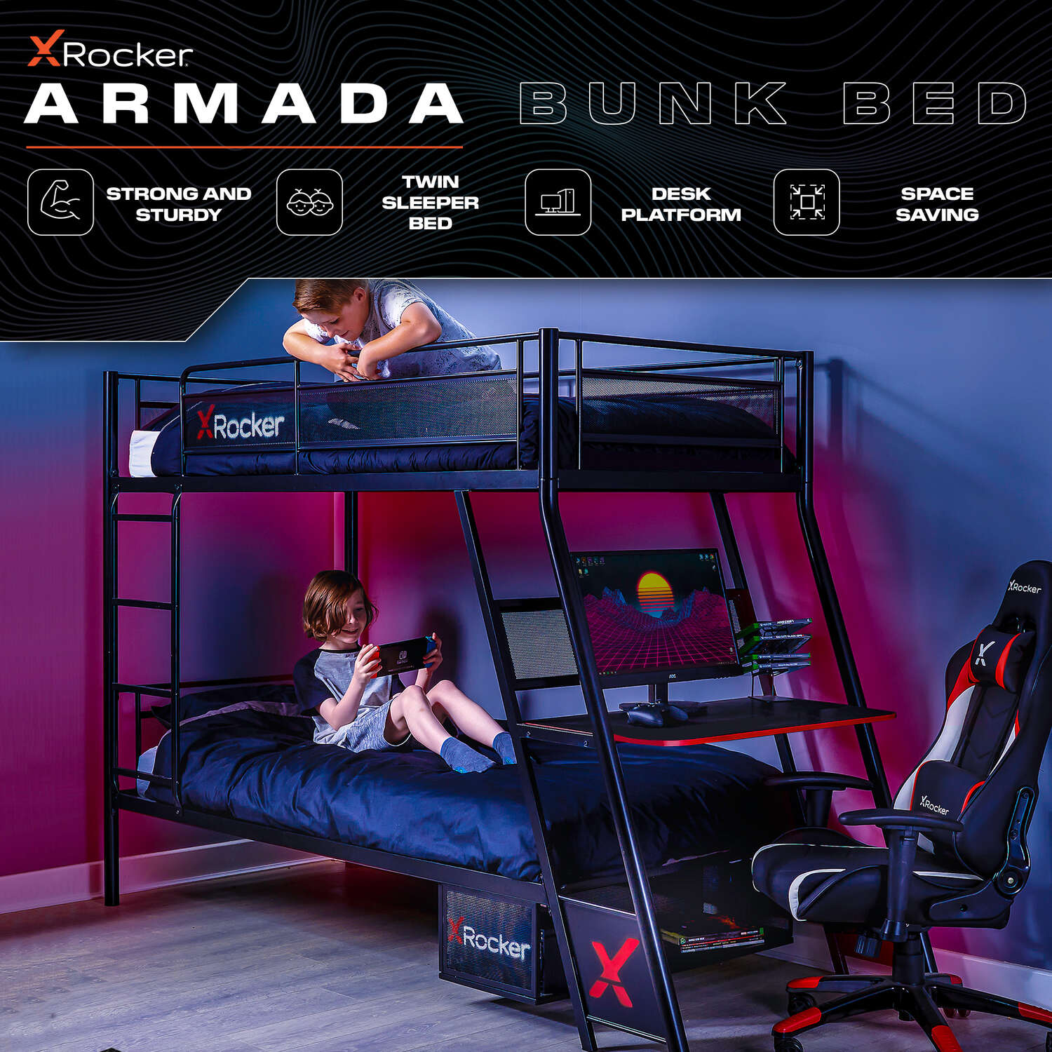 Armada Gaming Bunk Bed with Gaming Desk - Black