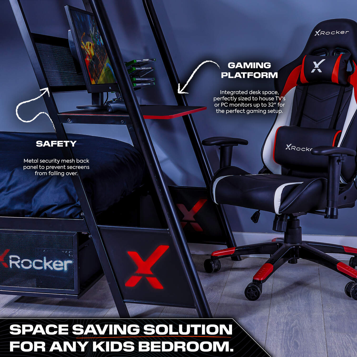 Armada Gaming Bunk Bed with Gaming Desk - Black