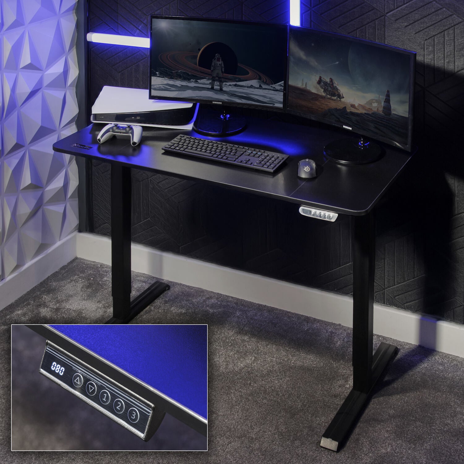 Sleek black adjustable desk in gaming room setup