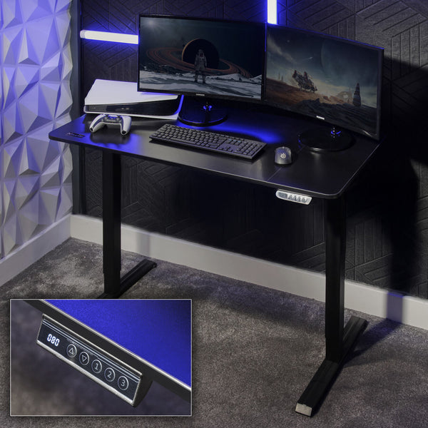 Sleek black adjustable desk in gaming room setup